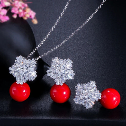 Luxury Red Pearl 18K White Gold-Plated Zirconia Necklace & Drop Stud Earrings